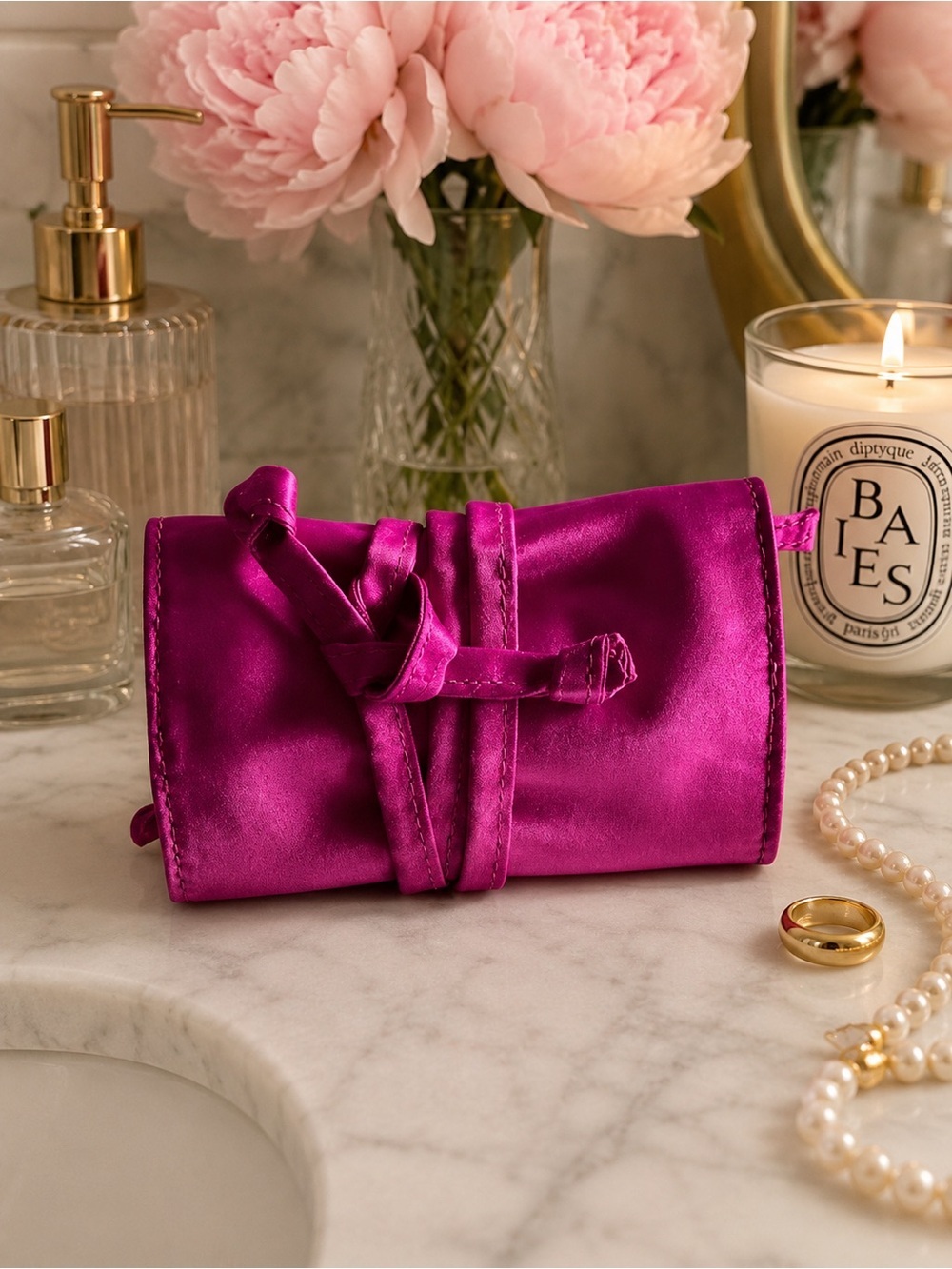 J.Crew Pink Fuchsia Satin Jewelry Roll Travel Case NWOT 4.5” X 9.25”